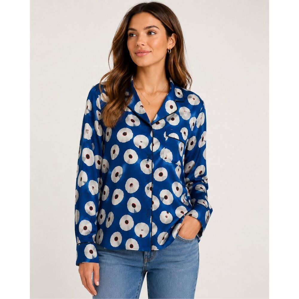 Olivia Palermo Chelsea28 Silk Blue Floral Button Up Blouse S